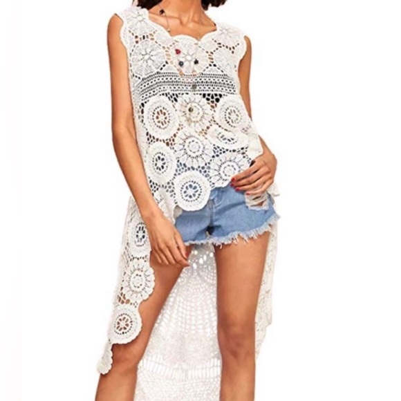 Belle France White Lace Crochet High Low Boho Top Size Medium - Picture 5 of 13